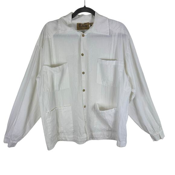 e.c.c White 100% Natural Cotton Embroidered Pleated Collared Button Up Shirt L - Picture 1 of 7